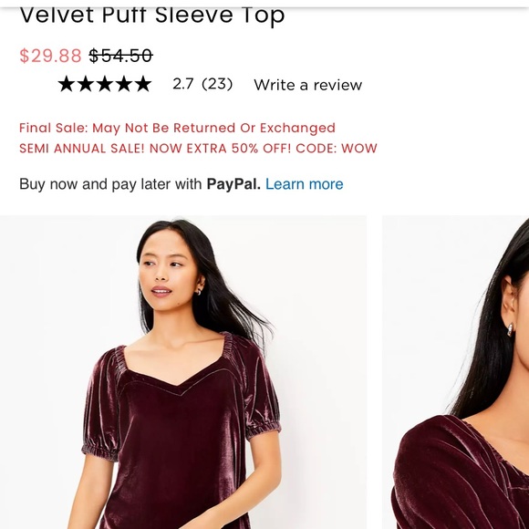 Loft XXSP Crushed Velvet Puff Sleeve Top - Picture 1 of 6